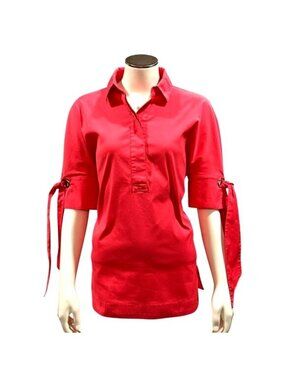 Chicos Size 0 Red Popover Blouse Tie Sleeves Split Back Business Casual Workwear